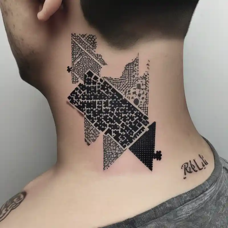 Puzzle piece tattoo on side of the neck and have a missing piece on the side that says Rella on it. half sleeve tattoos for